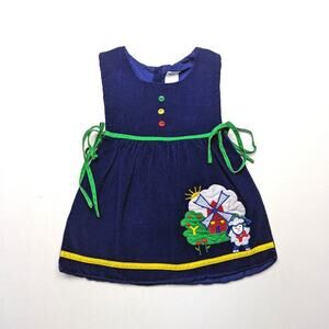 Vintage Pinafore Girls Size 18-24m Blue Pinny Corduroy Windmill